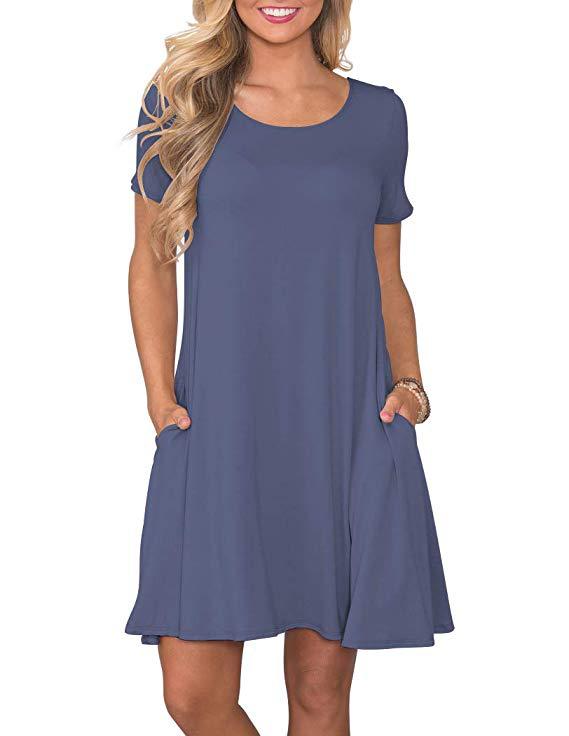 Women's Round Neck Solid Color Pocket Sleeve Dresses