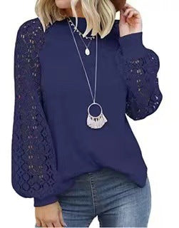 Women's Round Neck Lace Stitching Loose Long Blouses