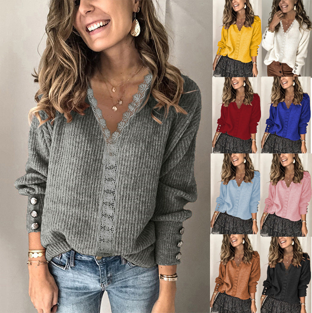 Women's V-neck Outer Loose Long Sleeve Solid Color Sweaters