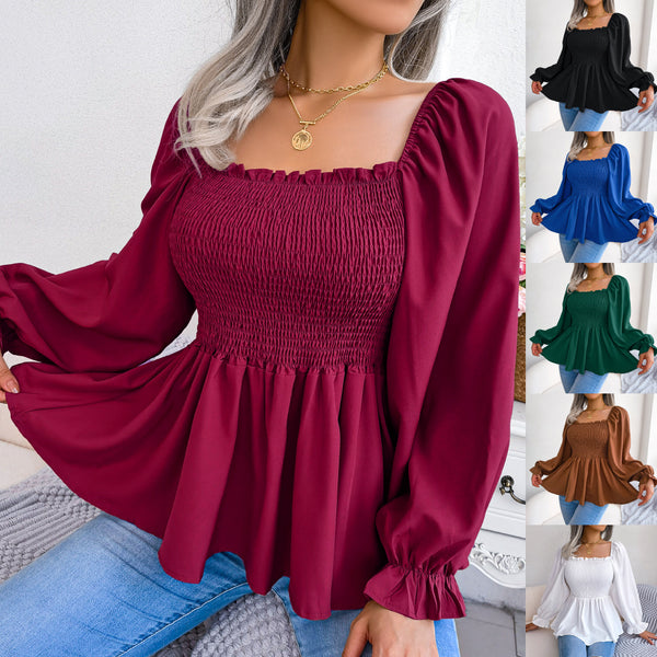 Women's Wooden Ear Square Collar Long Sleeve Blouses