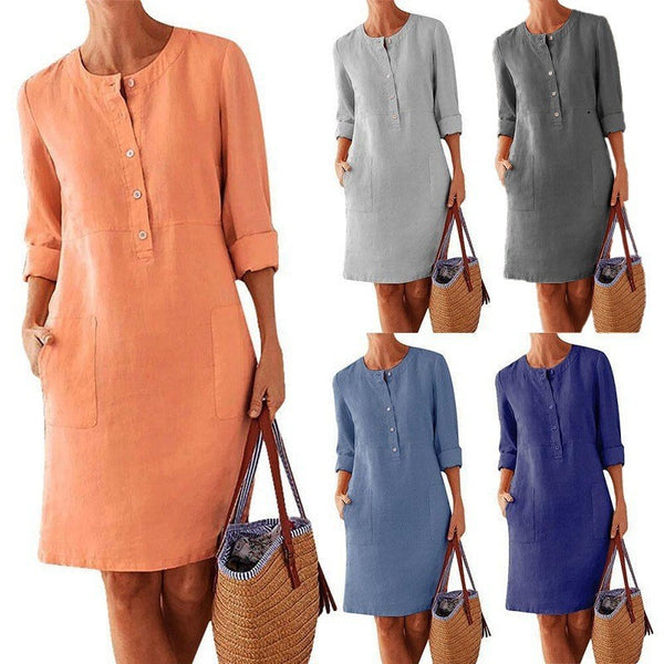 Women's Charming Spring Linen Round-neck Long-sleeved Dresses