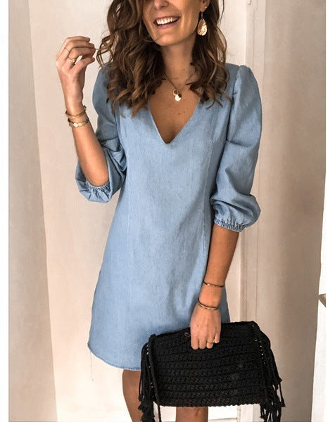 Women's Solid Color V-neck Half Sleeves Loose Dresses