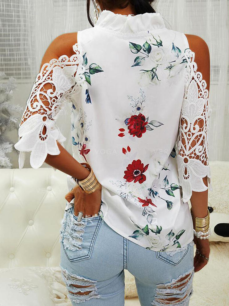 Women's Summer Flower Print Off-shoulder Lace Stitching Long Blouses