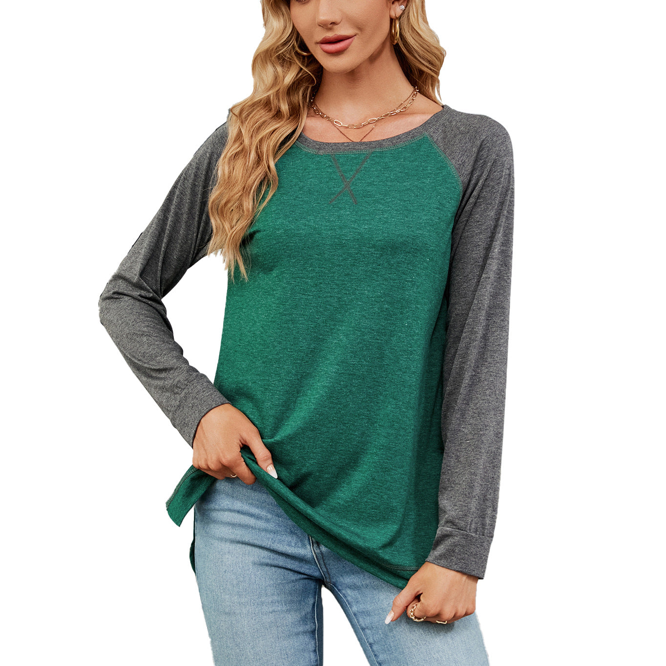Women's Round Neck Contrast Color Loose Long-sleeved Blouses