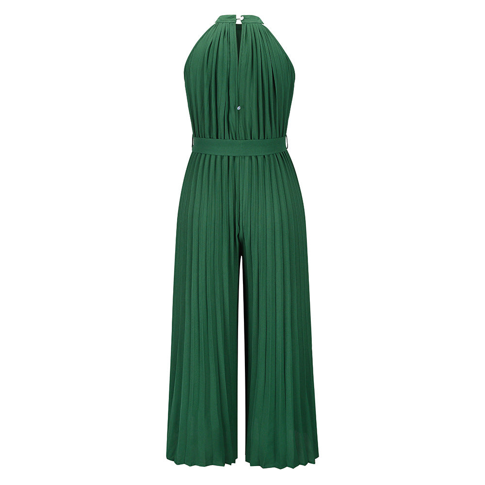 Solid Color Design Vacation Pleated Halter Jumpsuits