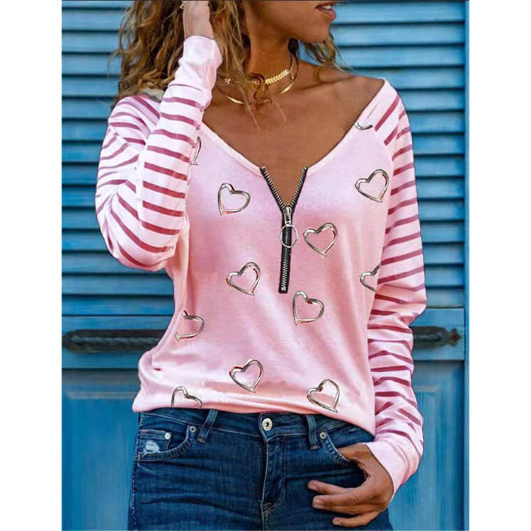 Women's Heart Printing Long-sleeve Zipper T-shirt Blouses