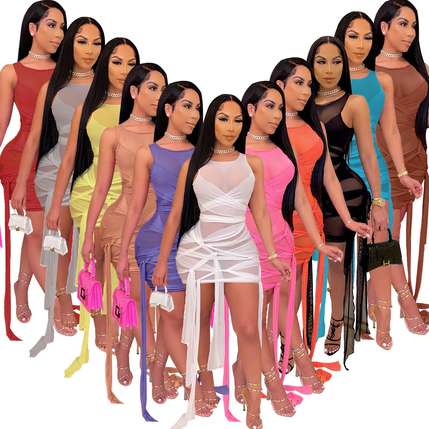 Women's Lace-up Nightclub Sexy Sleeveless Irregular Mesh Summer Dresses