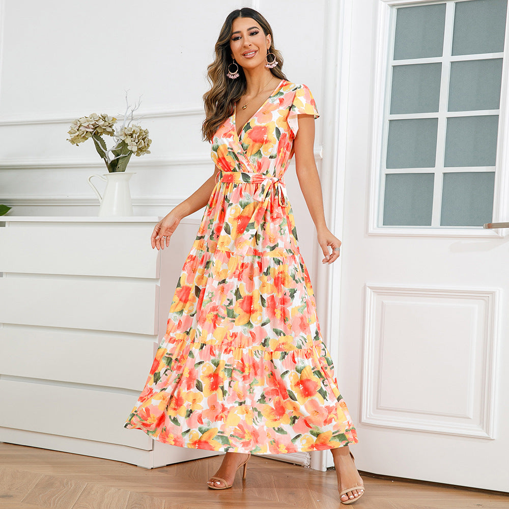 Women's Large Swing Floral Summer V-neck Flounce Dresses