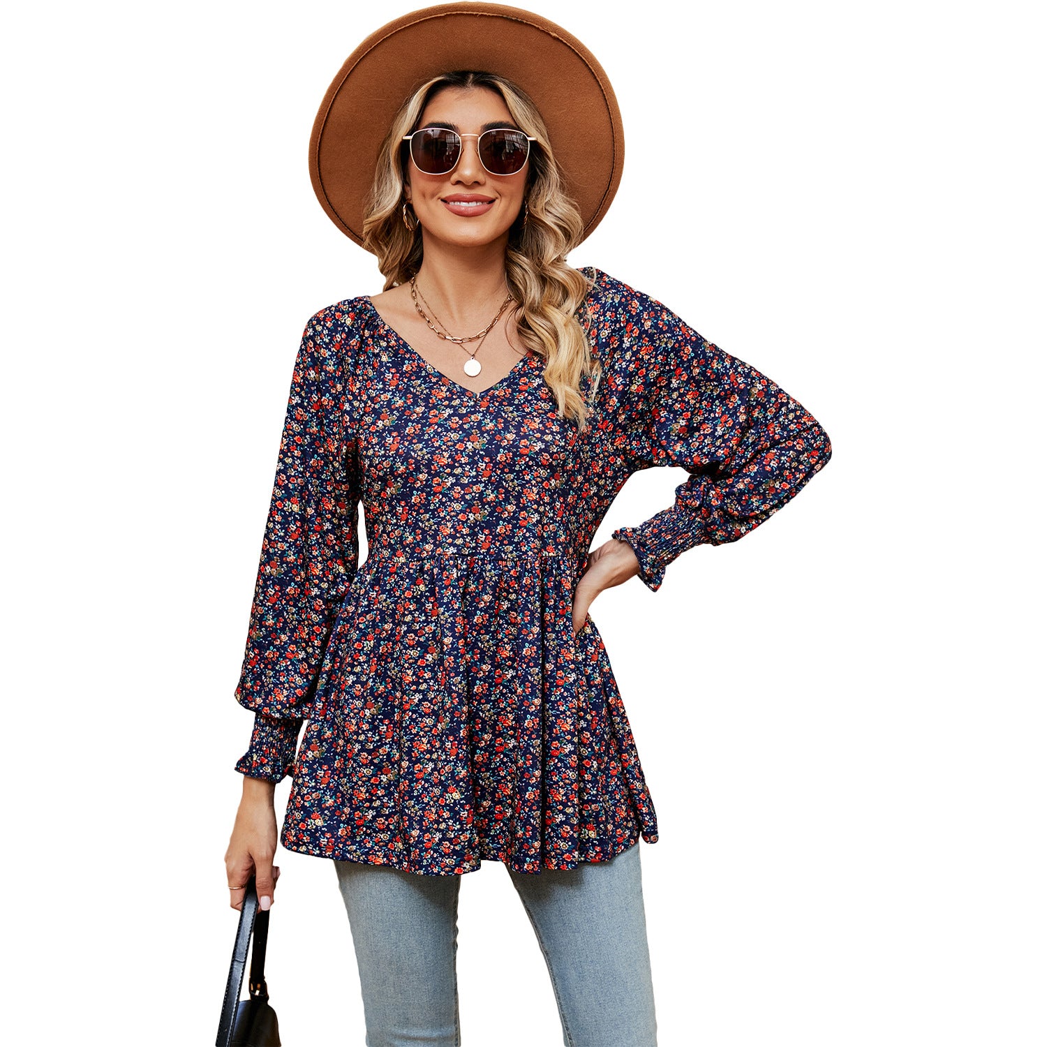 Women's Printed Bubble Long Sleeve Waist T-shirt Blouses