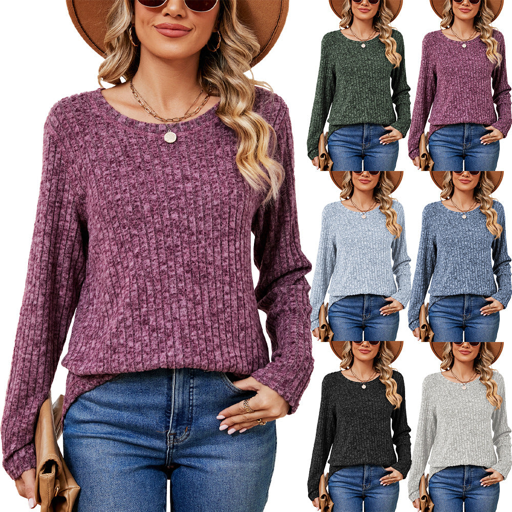Women's Solid Color Round Neck Loose Long Sleeve Pullover Blouses
