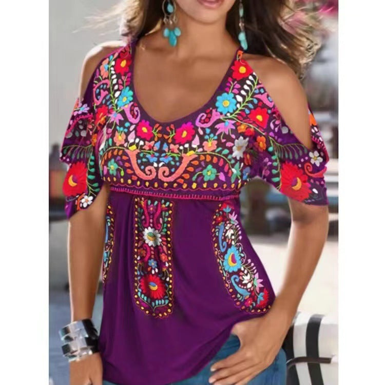 Women's Summer Loose V-neck Pleating Printed Off-shoulder Sleeve Blouses