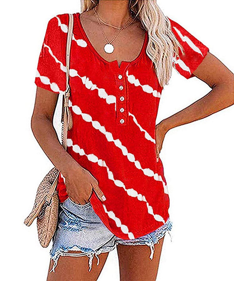 Women's Fashion Trend Neck Casual Stripe Button Sleeve Blouses