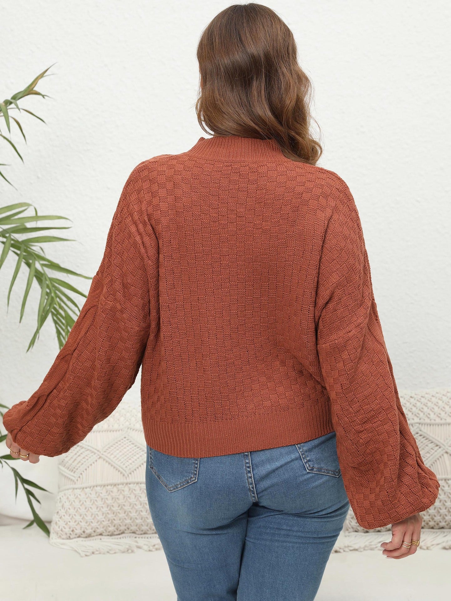 Gewebte Pullover mit halbem Rollkragen und Laternenärmeln für Damen