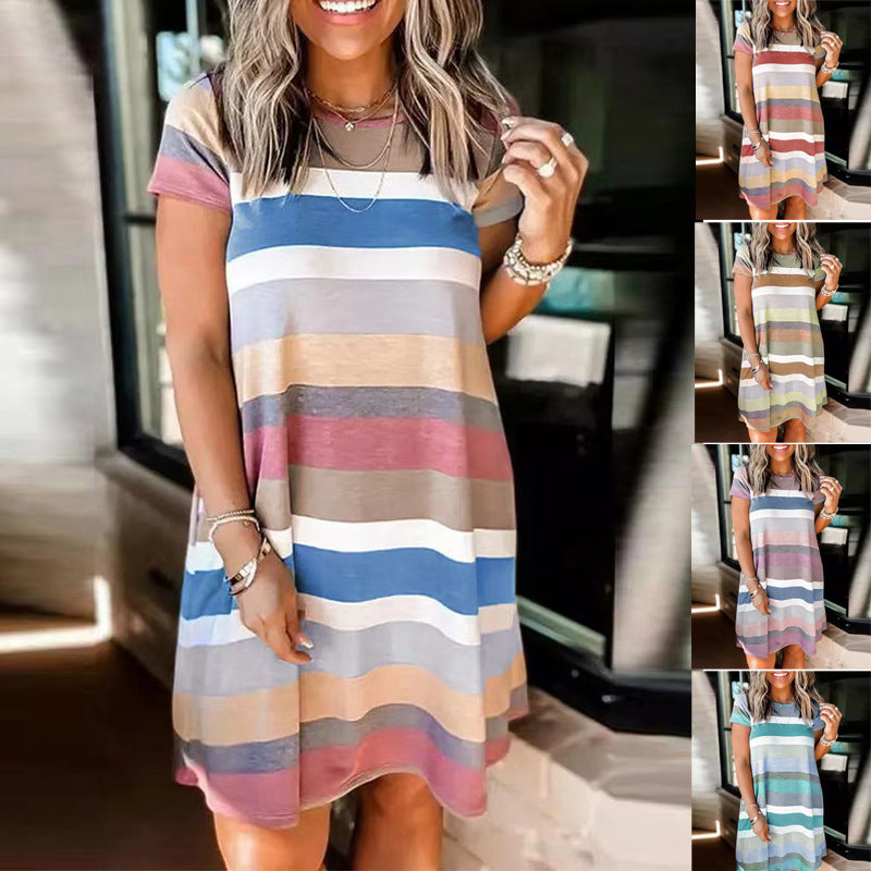 Women's Summer Loose Striped Printed Sleeve Long Dresses