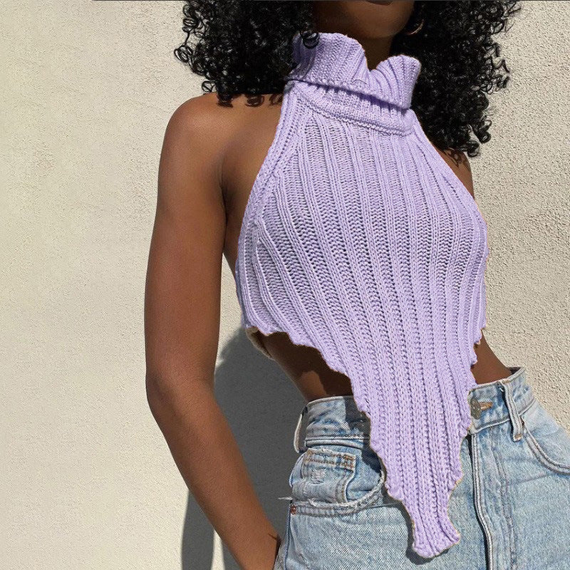 Sexy Backless Solid Color Turtleneck Irregular Knitting Summer Tops