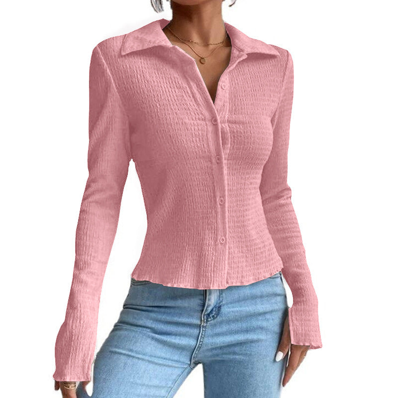 Women's Solid Color Stitching Sleeve Button Lapel Blouses