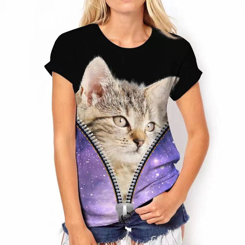 Women's Cat Print Round Neck Sleeve Blouses