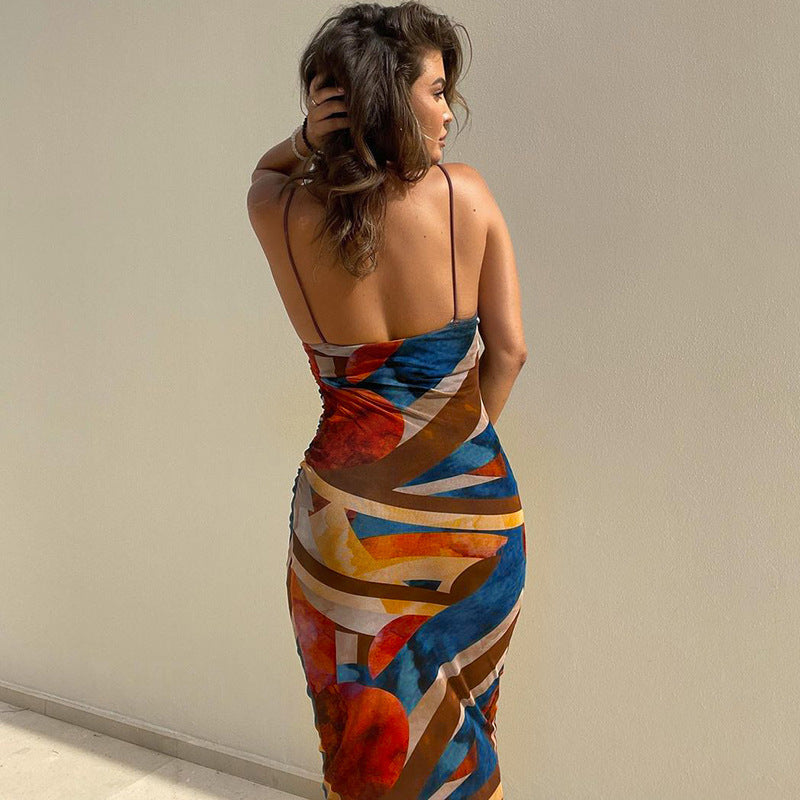 Fashion Printed Slim Fit Slit Backless Tube Dresses