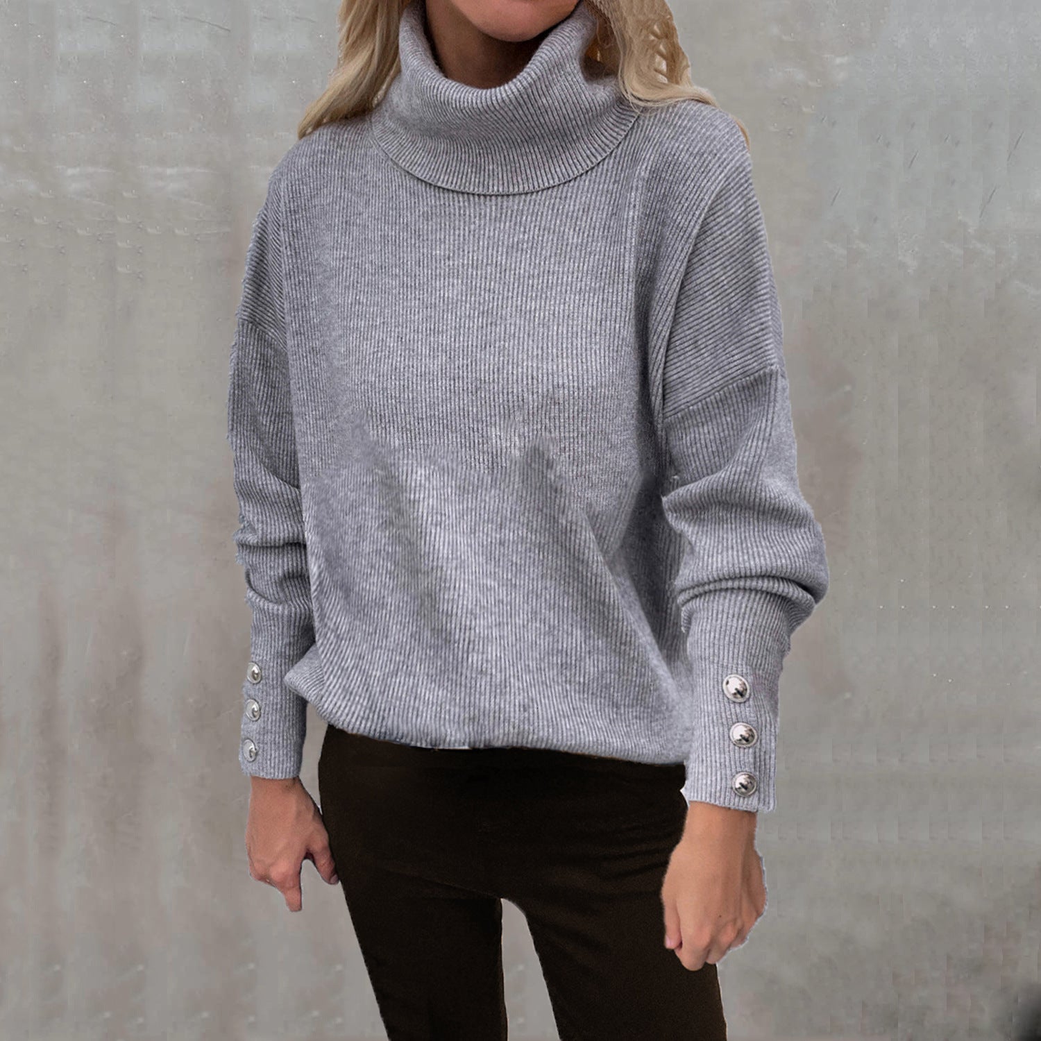 Women's Turtleneck Cuff Button Solid Color Casual Sweaters