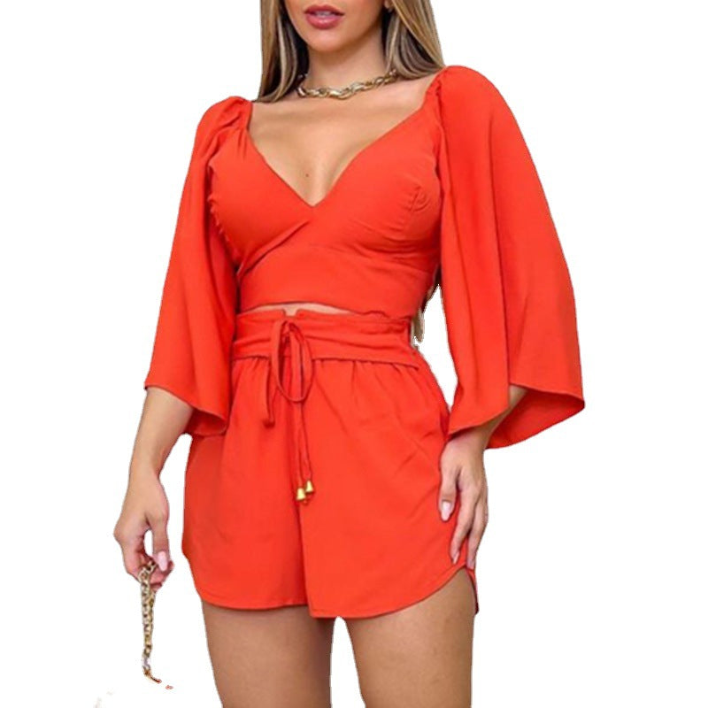 Women's Spring V-neck Backless Bell Sleeve High Waist Shorts