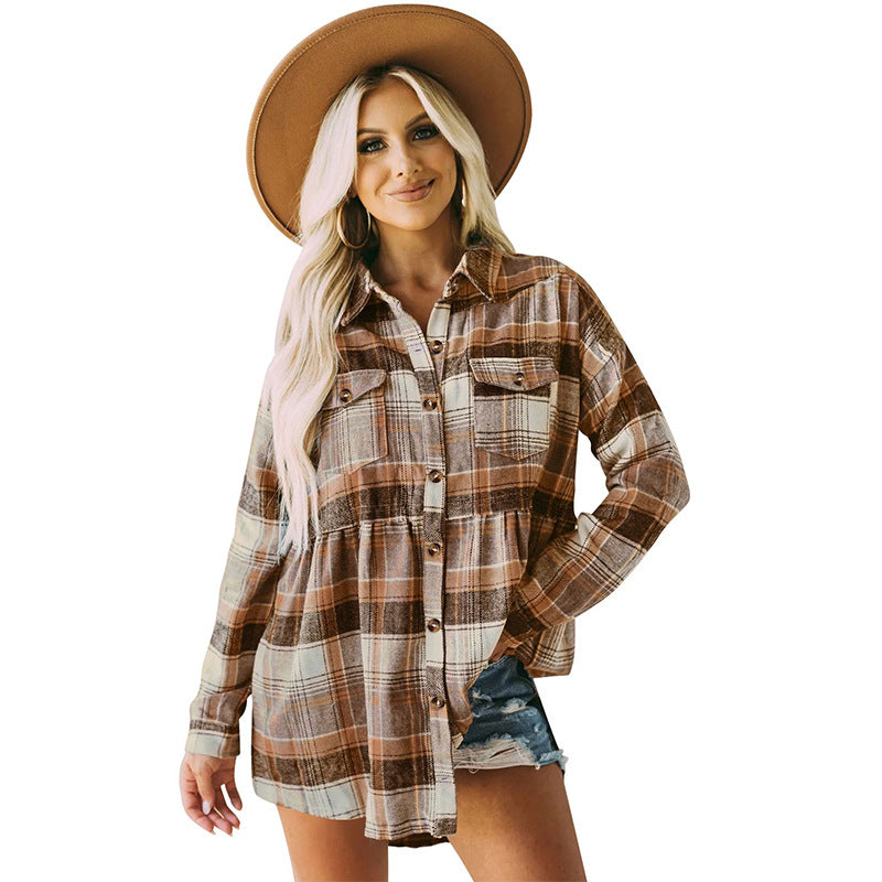 Women's Lapel Long Sleeve Pocket Casual Plaid Blouses