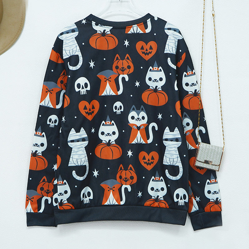 Women's Halloween Pumpkin Print Long Sleeve Loose Sweaters