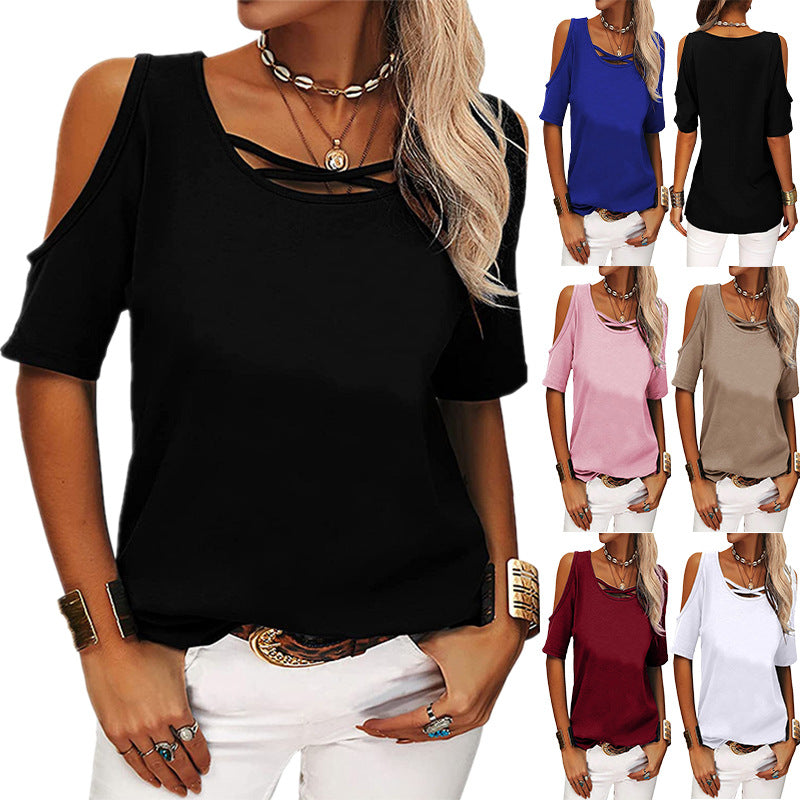 Women's Fashion Casual Solid Color Off-shoulder Loose Short-sleeved Blouses
