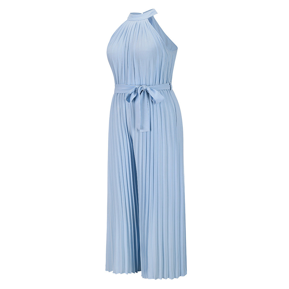 Solid Color Design Vacation Pleated Halter Jumpsuits