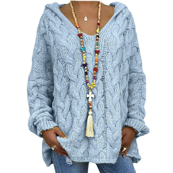 Women's Long Sleeve Hood Knitted Loose Pullover Sweaters