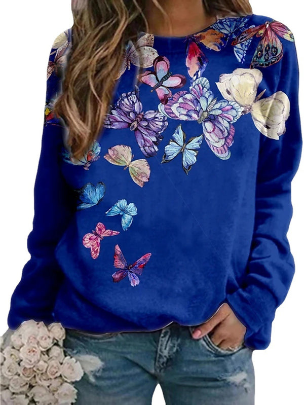 Women's Floral Butterfly Animal Print Round Neck Long Blouses