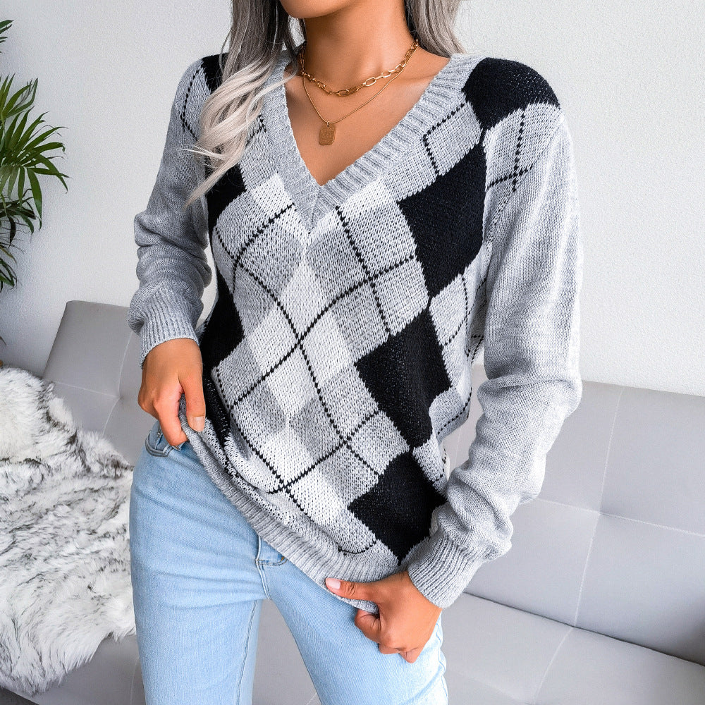 Classic Women's Comfortable College Rhombus Casual Sweaters
