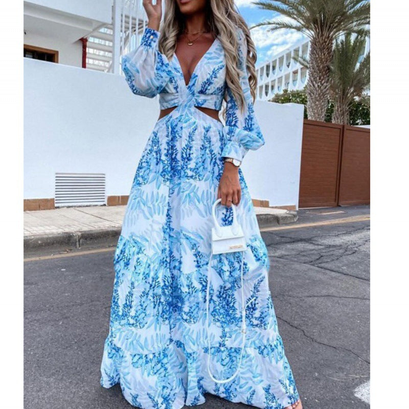 Women's Wear Spring Long Printed V-neck Sleeve Dresses