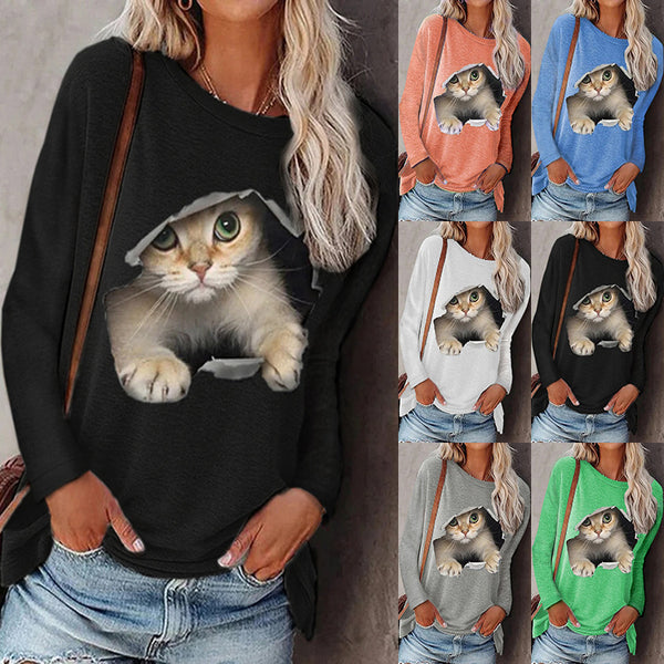 Women's Round Neck Pullover Cat Long Sleeve Blouses