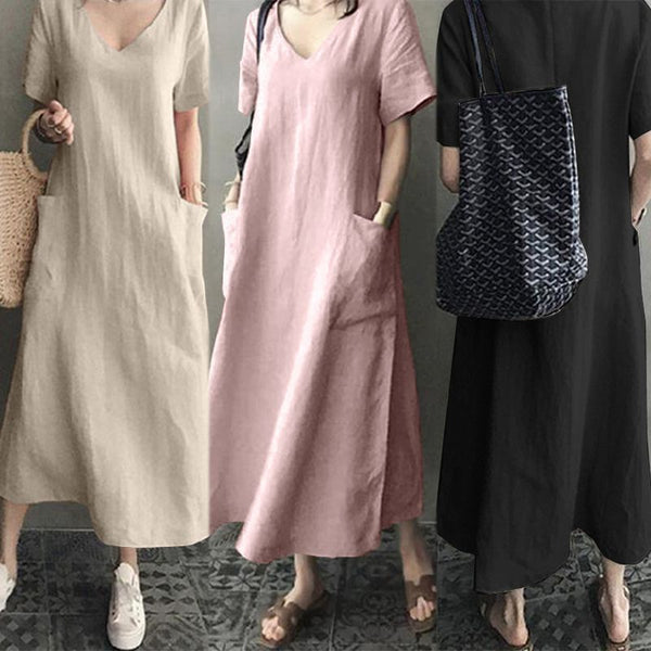 Women's Creative Spring Artistic Retro Cotton Linen V-neck Dresses