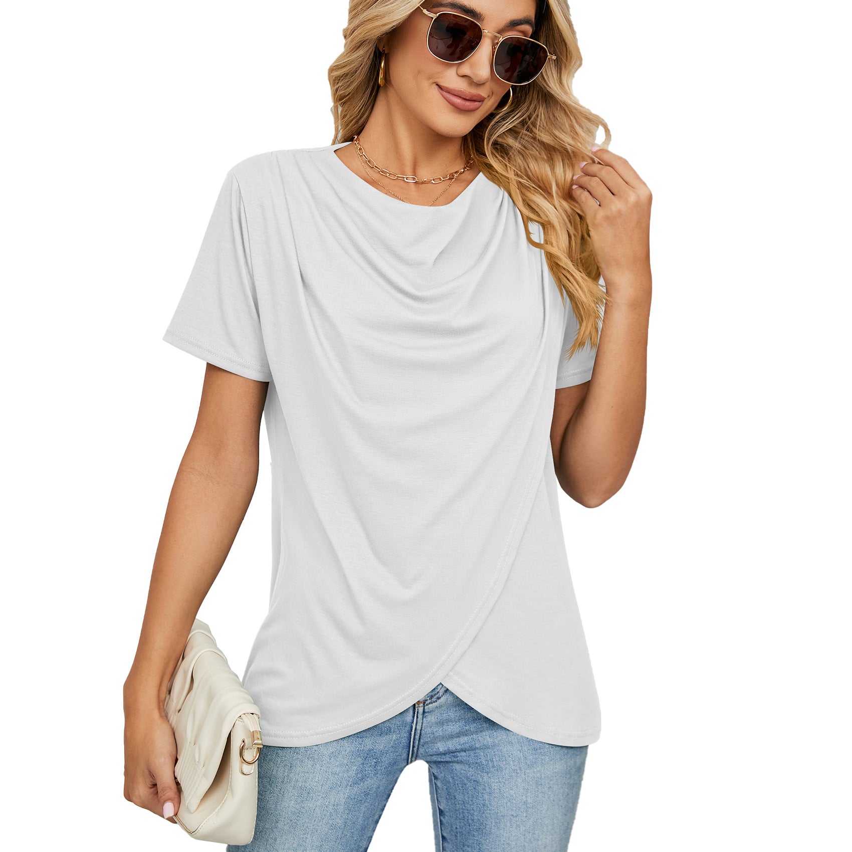 Women's Solid Color Round Neck Cross Loose Blouses