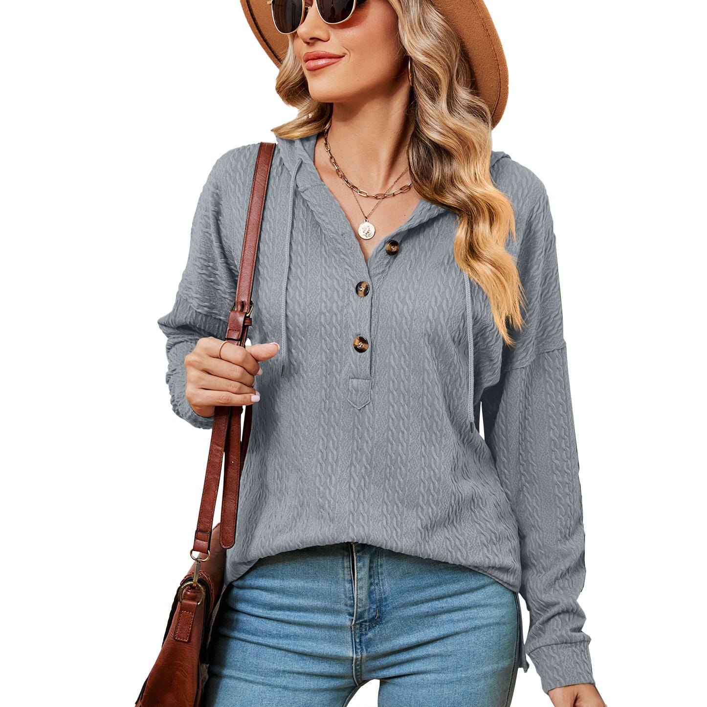 Women's Solid Color Buttons Long Sleeve Hooded Sweaters