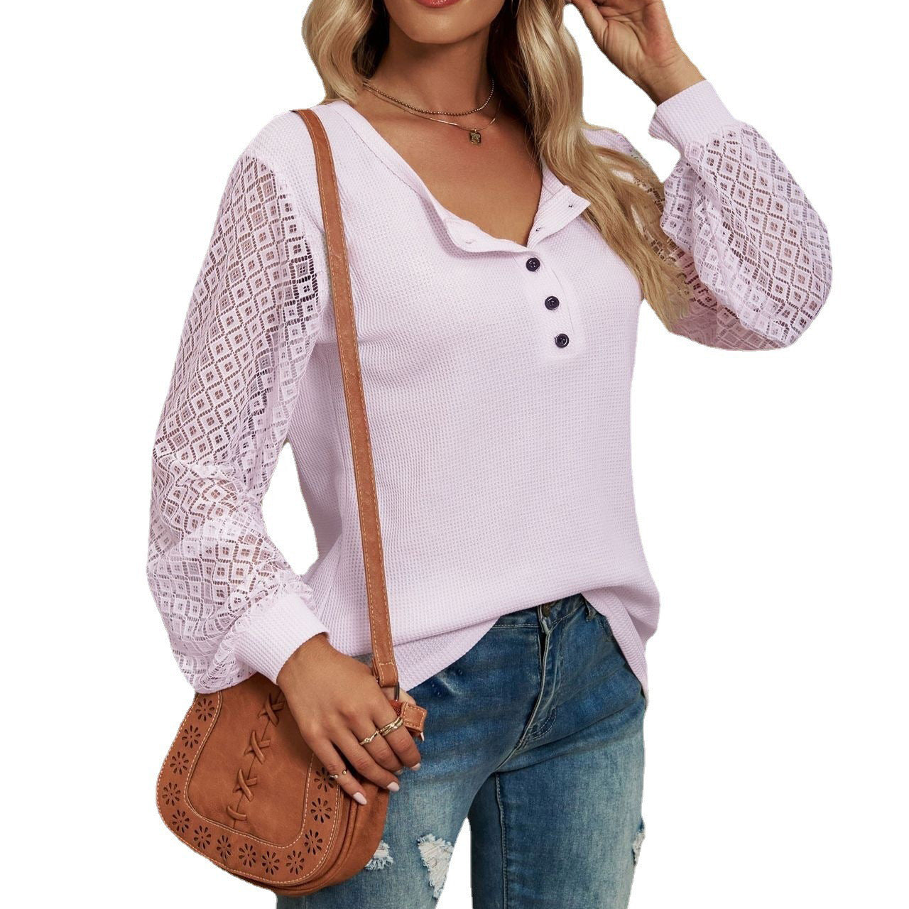 Women's Lace Stitching Long Sleeve Button T-shirt Blouses