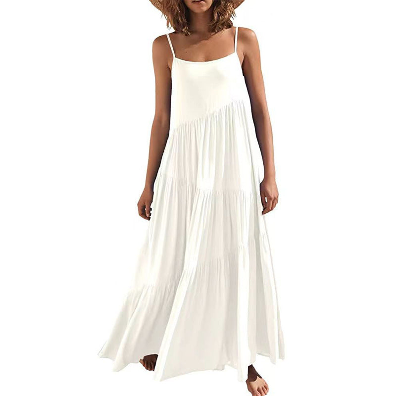 Women's Summer European Loose Solid Color Pleated Dresses