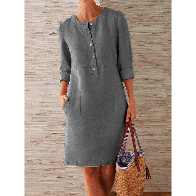 Women's Charming Spring Linen Round-neck Long-sleeved Dresses