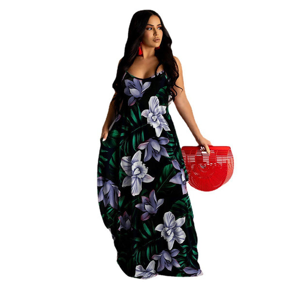 Women's Summer Flower Print Loose Strap Long Dresses