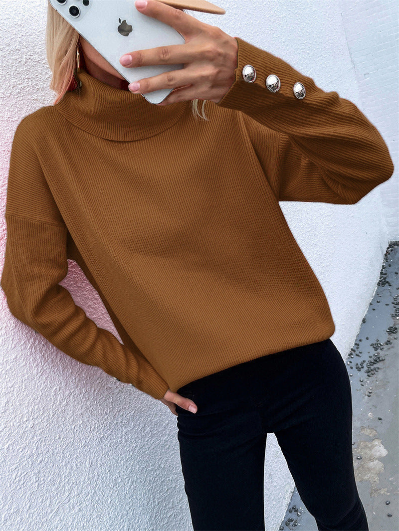 Women's Turtleneck Cuff Button Solid Color Casual Sweaters