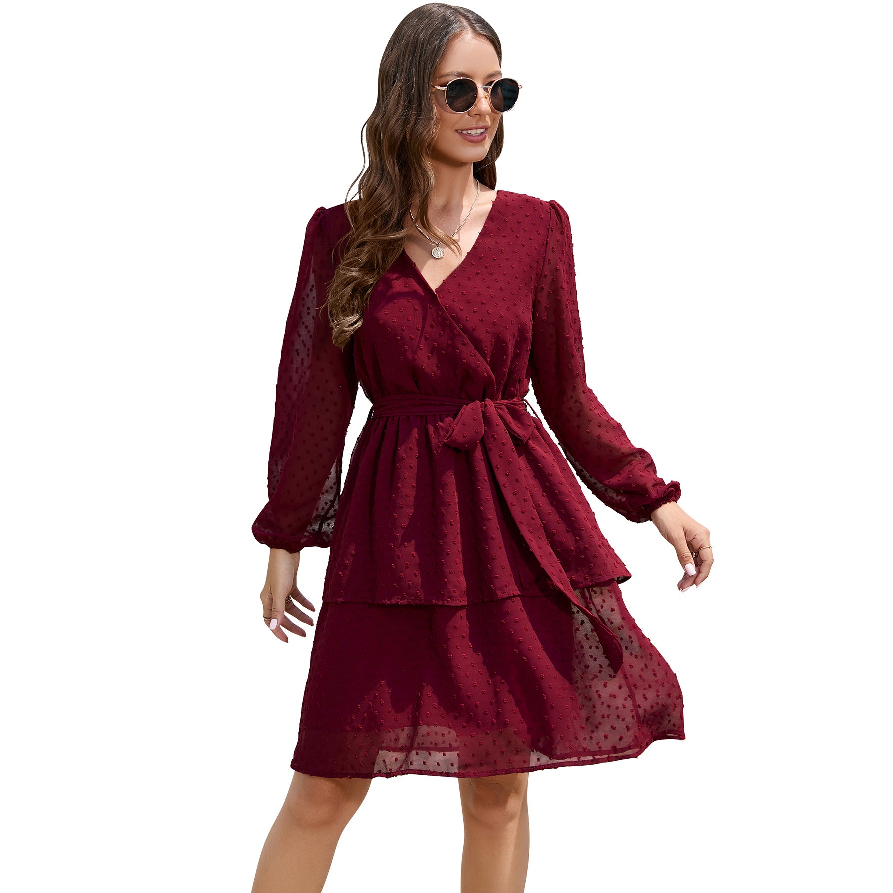 Women's V-neck Lantern Long Sleeve Cocktail Party Dresses