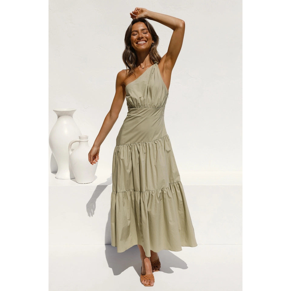 One-shoulder Knotted Solid Color Fresh Long Dresses