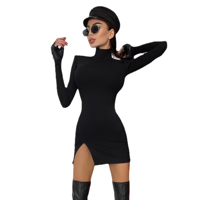 Women's Long Sleeve High Collar Temperament Fashion Sexy Slit Padded Dresses