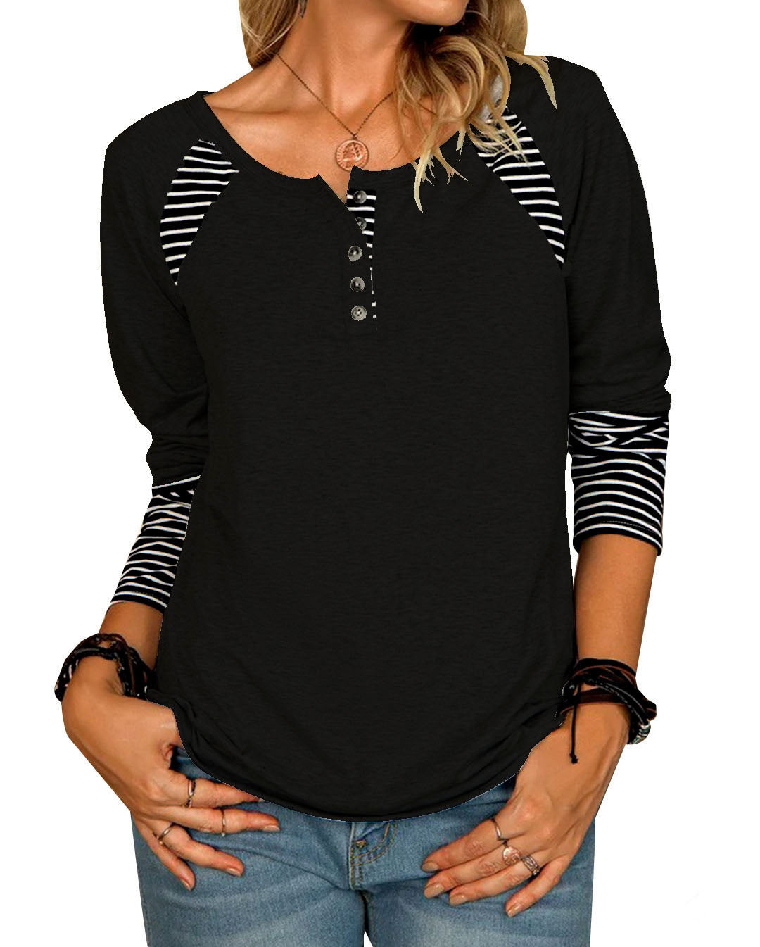 Women's Long-sleeved Printed Striped Casual T-shirt Blouses