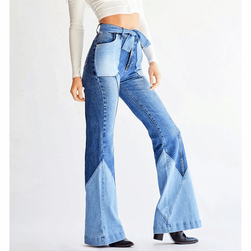 Women's Retro High Waist Stitching Belt Denim Jeans