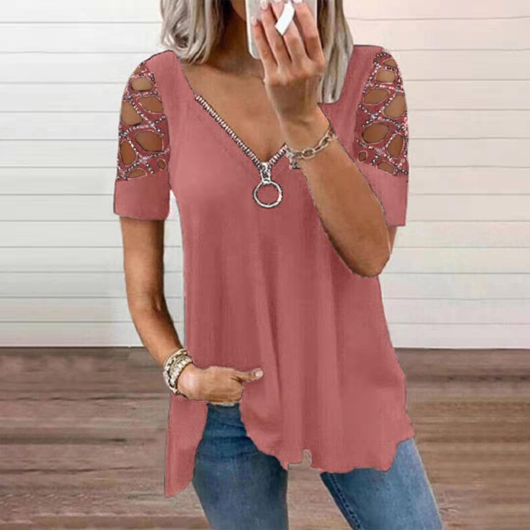 Women's Fashion V-neck Solid Color Hollow Sleeve Rhinestone Tops