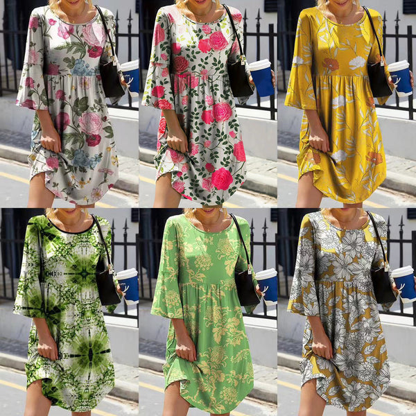 Women's Elegant Commuter Round Neck Printed Sleeves Dresses