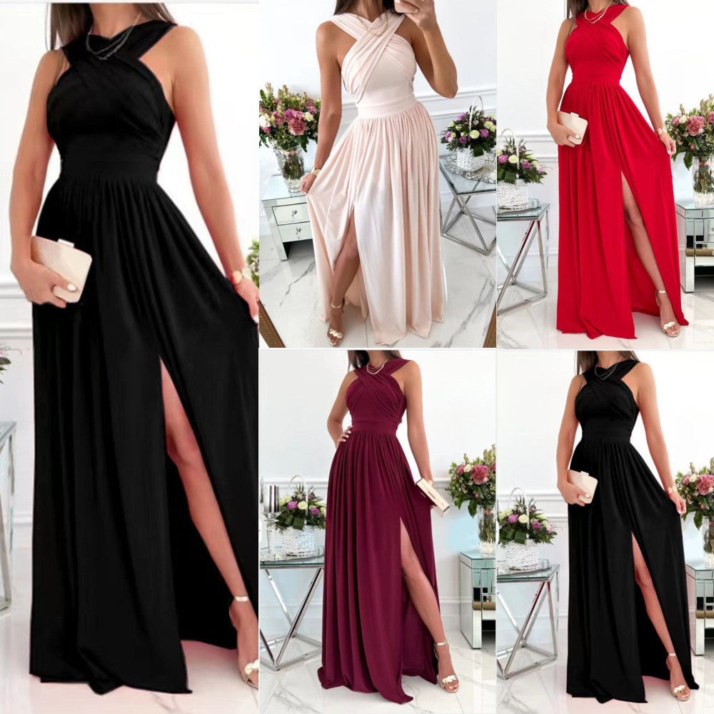 Women's Sleeveless Halter Backless Slit Hemline At Dresses