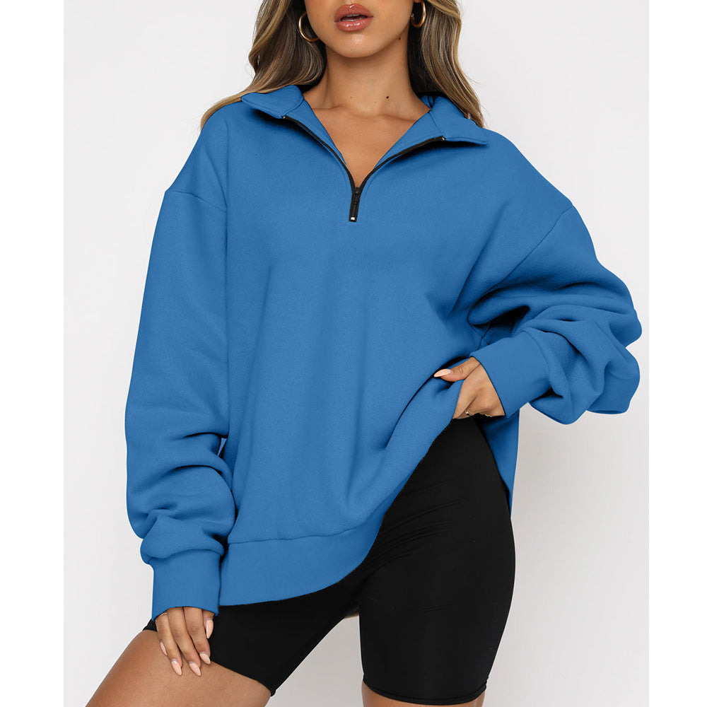 Women's Casual Half Long-sleeve Zipper Fleece-lined Pocket Sweaters